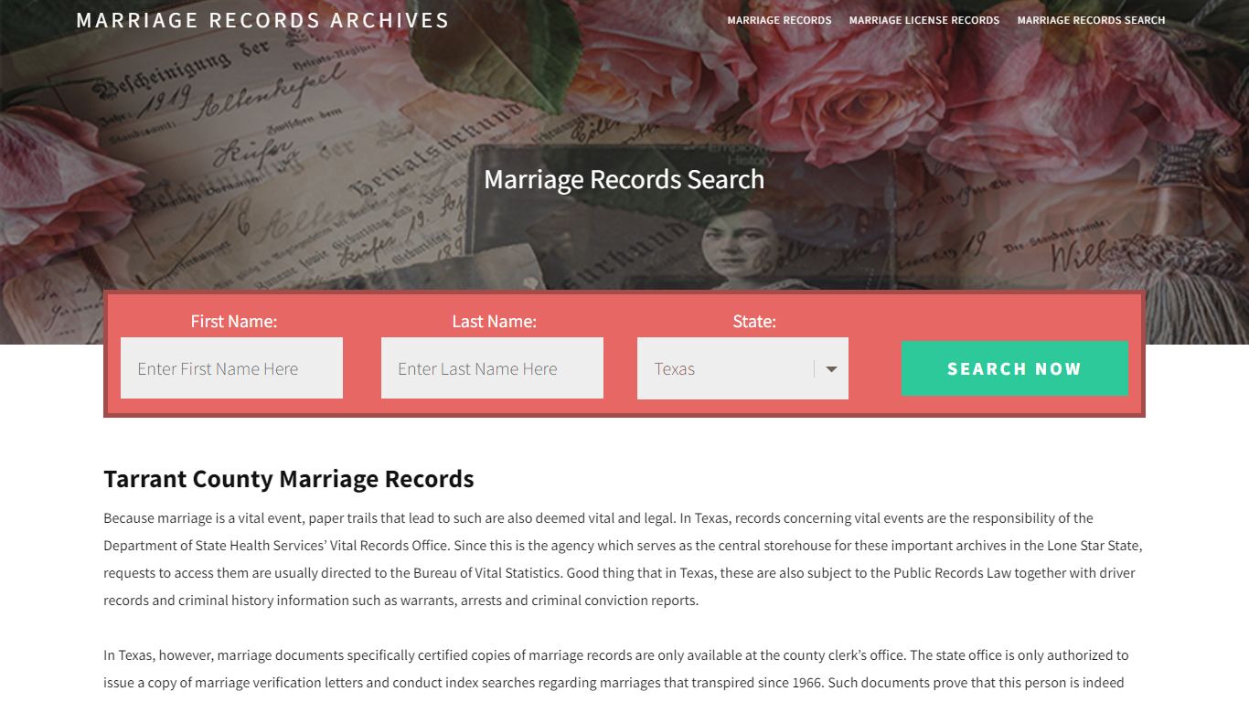 Tarrant County Marriage Records - Enter Name and Search